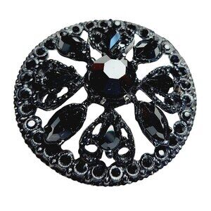 Vintage Domed Black Rhinestone Round Brooch Filigree Design Mourning Pin